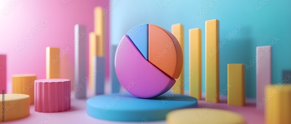 Aufkleber colorful 3d pie chart surrounded by vibrant bar graphs, ideal for data visualization and business pr
