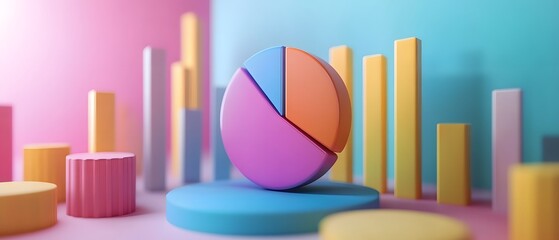Colorful 3D pie chart surrounded by vibrant bar graphs, ideal for data visualization and business presentations.
