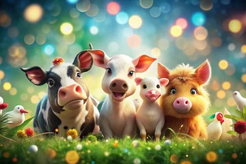 Naadloos Fotobehang Airtex Cartoon Farm Animals in Bokeh Effect for Whimsical Imagery © Four888