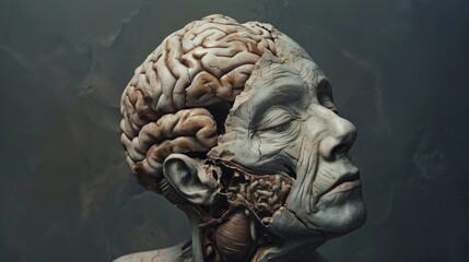3D model of human head & neck with exposed brain & muscles, facing right on gray background, evoking a somber, eerie tone.
