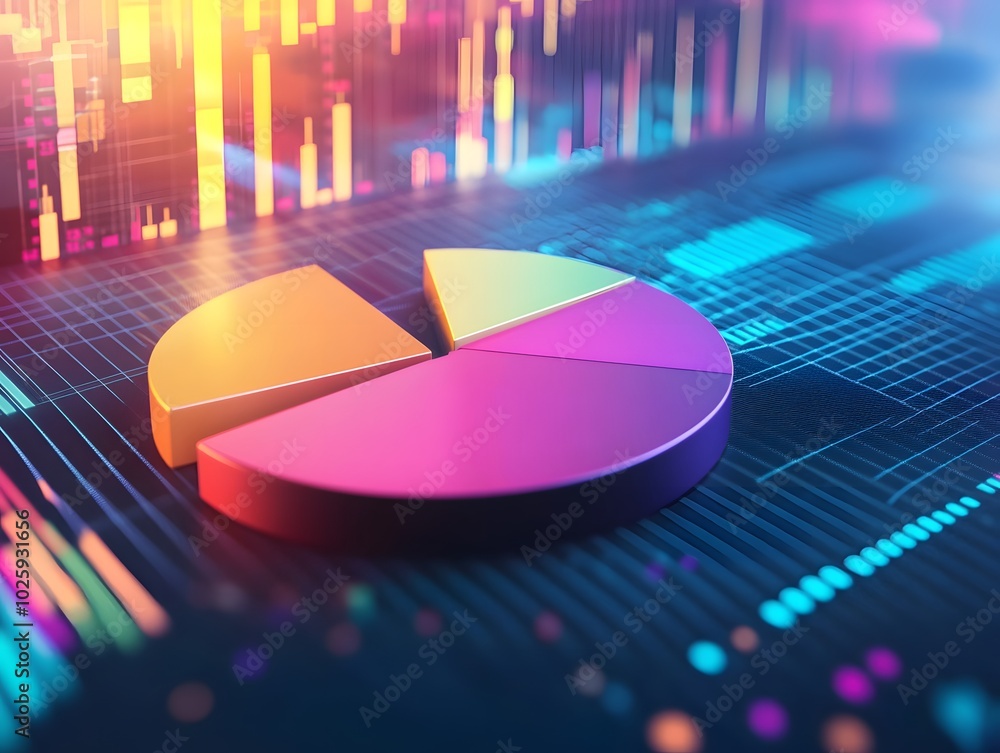Poster colorful pie chart on a digital background with data visualizations, representing statistics and ana
