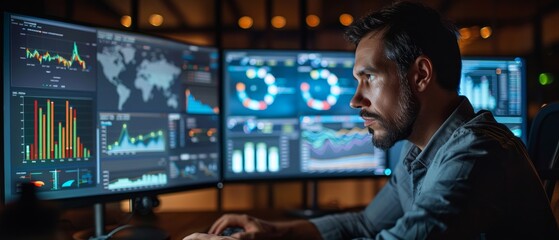 A bearded man working at a desk with multiple computer monitors, analyzing graphs and data, potentially involved in financial analysis.