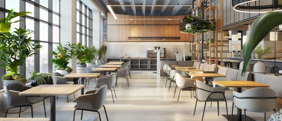 A modern dining area with high ceilings, wooden tables, and plants is illuminated by natural light. The kitchen, equipped with modern appliances, complements the stylish and cozy atmosphere.