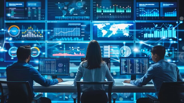 Three professionals analyze financial and statistical data on individual screens, supported by a large display with a world map. The setting indicates a professional, analytical environment in tech - Powered by Adobe