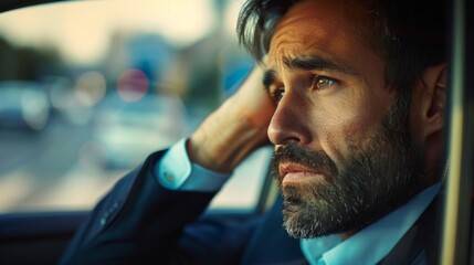 A man in a suit, lost in thought in a car at night, his expression somber and reflective. The image focuses on him, blurring surroundings.