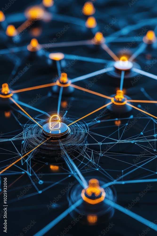 Poster a striking digital network image featuring glowing security icons and connections. this visual repre
