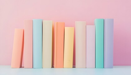 Fototapeta premium Colorful stacked books against a pastel pink background, perfect for education, learning, or creative projects.