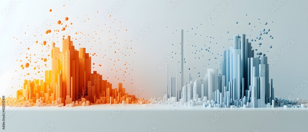 Poster dynamic abstract representation of contrasting data visualizations in orange and blue tones, showcas