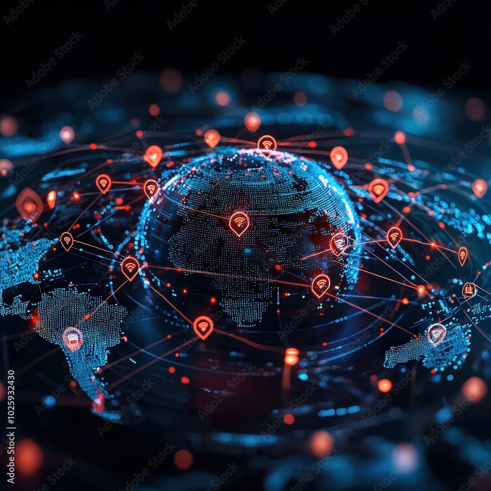 Poster this abstract image represents a global network of digital connections, featuring a visual map of th