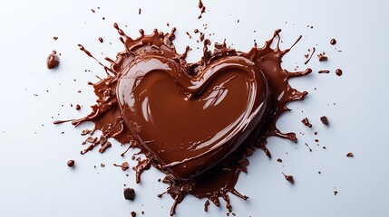Flat lay of a heartshaped liquid chocolate splash dripping elegantly on a pristine white background perfect for Valentines Day Rich chocolate tones against the clean backdrop