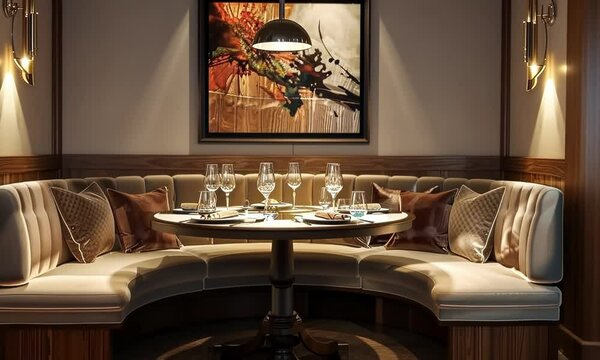 A restaurant with a round table and two benches Video