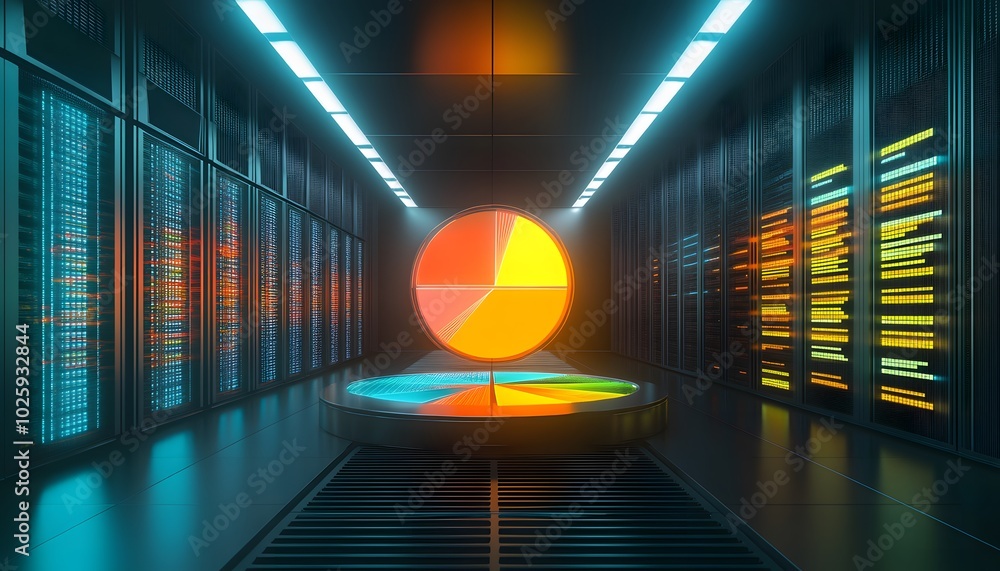 Poster futuristic data center with vibrant pie chart and illuminated servers, showcasing advanced technolog