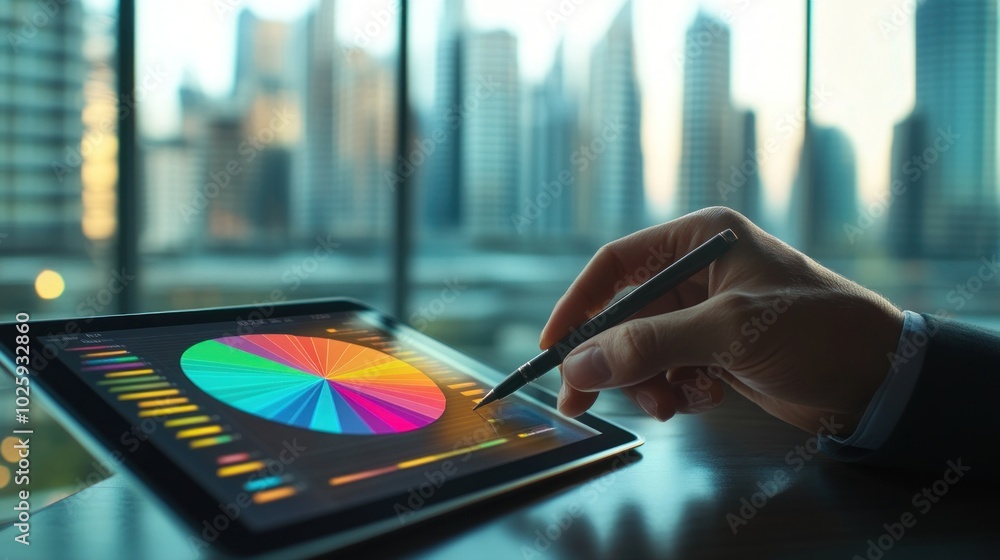 Poster a hand using a stylus on a tablet displaying a colorful pie chart with a city backdrop.