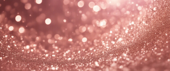 Rose gold glitter bokeh texture background with bright pink champagne sparkle.