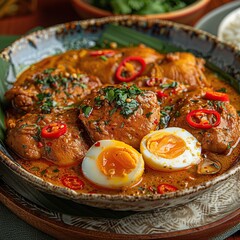 A bowl of chicken curry with hard-boiled eggs, red chili peppers, and fresh cilantro.