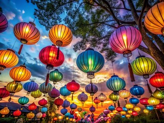 Obraz premium Chinese Paper Lanterns Silhouette Against Twilight Sky for Festive Celebrations