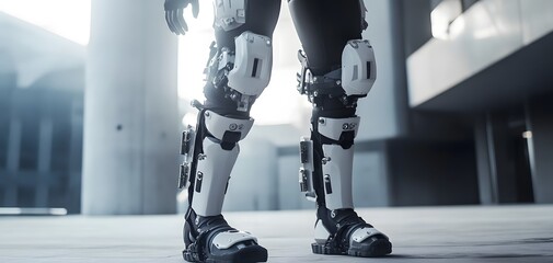 Futuristic robotic legs displayed in a modern environment, showcasing advanced technology and design for mobility enhancement.