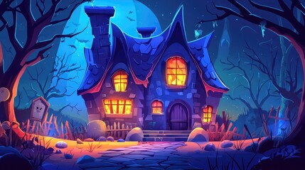 A spooky, stone-built house with glowing windows under a crescent moon