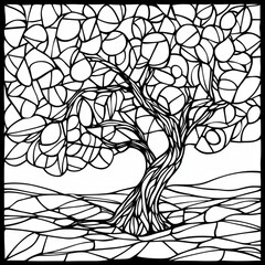 a black and white stained glass line pattern of an autumn tree