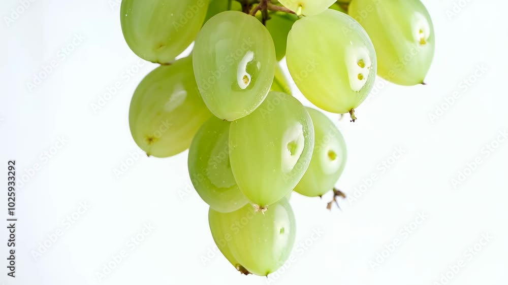 Poster green grapes rotating 360 degrees on a vine with soft lighting and a white background