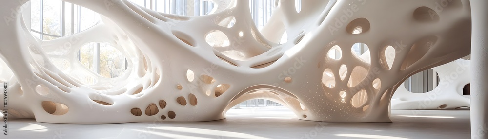 Poster modern architectural design featuring a fluid, organic structure with intricate patterns and natural