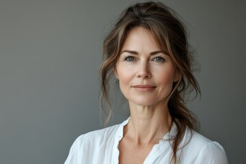 Woman with short hair and a white shirt is smiling. She has a light makeup on her face. Portrait of a tender woman in her 50s wearing a classic white shirt in blank studio backdrop