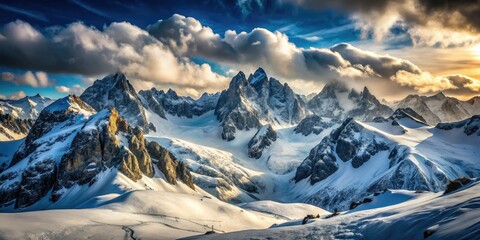 Frigid winds sweep through towering mountains, blanketed in glistening snow. The icy terrain sparkles under the pale sunlight, creating a breathtaking yet harsh winter landscape.