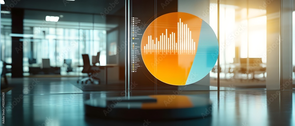 Poster modern office space featuring data visualization on transparent screen, showcasing analytics and bus