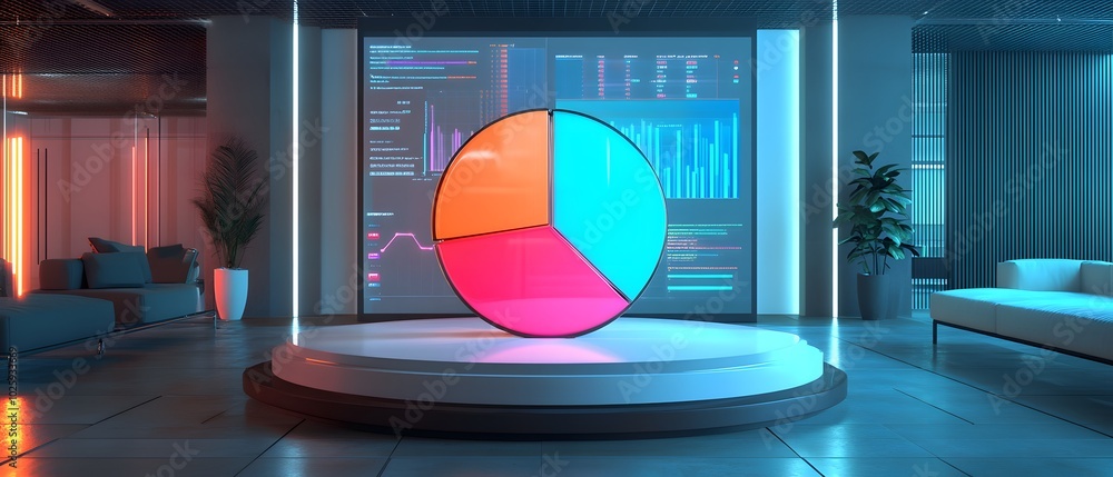 Fototapete Modern office with vibrant data visualization, featuring a glowing pie chart display for analytics and presentations.