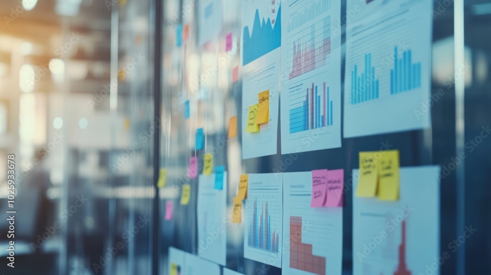 Poster a wall covered with charts and sticky notes, showcasing data and project planning.