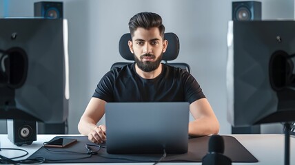 A focused young man working at a sleek desk with dual monitors, a laptop, and speakers in a minimalist office, showcasing a tech-savvy and productive lifestyle.