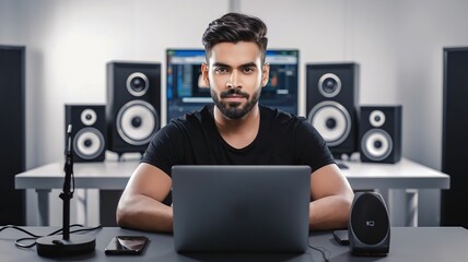 A young professional working at a modern desk with dual monitors, a laptop, and speakers, in a clean, minimalist office space, embodying productivity and efficiency.