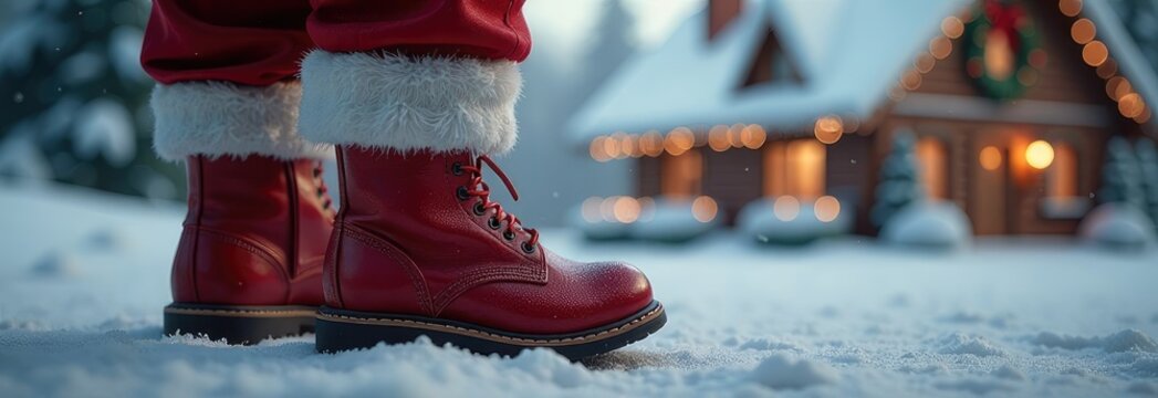 A close-up of Santa Claus's leather boots on the winter street in front of the house. New Year's festive atmosphere