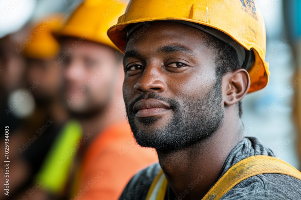 Wall mural Man wearing a yellow hard hat and a gray shirt is smiling. He is the main focus of the image. Portrait of Groups diversity workers factory or engineering