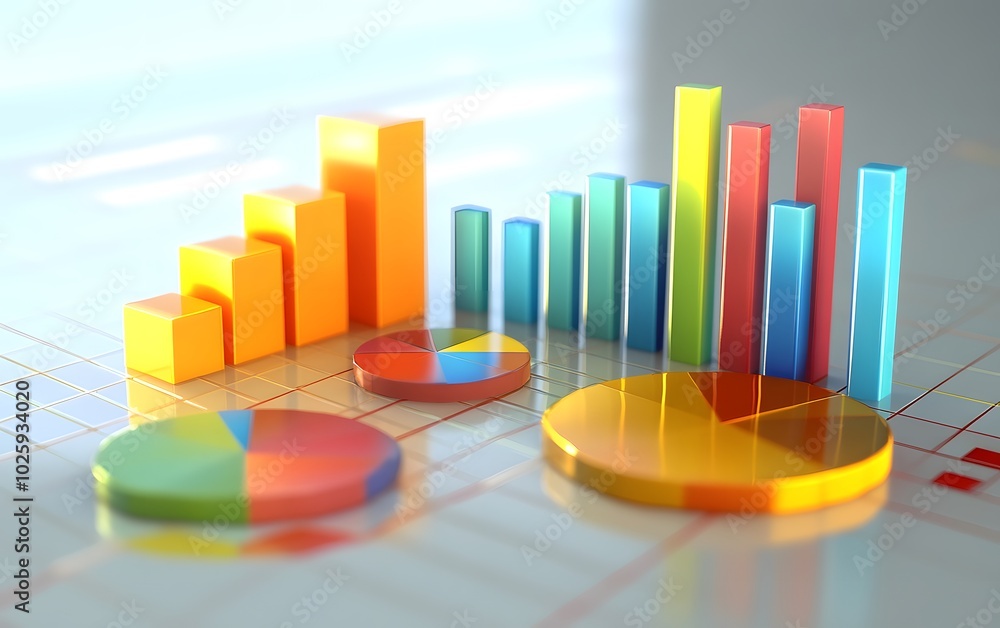Aufkleber vibrant 3d graphs showcasing data visualization with colorful bars and pie charts, perfect for busin