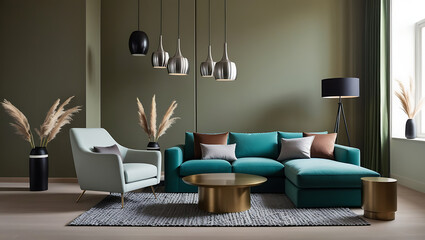 Modern luxury interiors designs. Empty painted wall.dark accent furniture and blank background.Bedroom interior trend 2024 year Modern luxury apricot room interior home designs