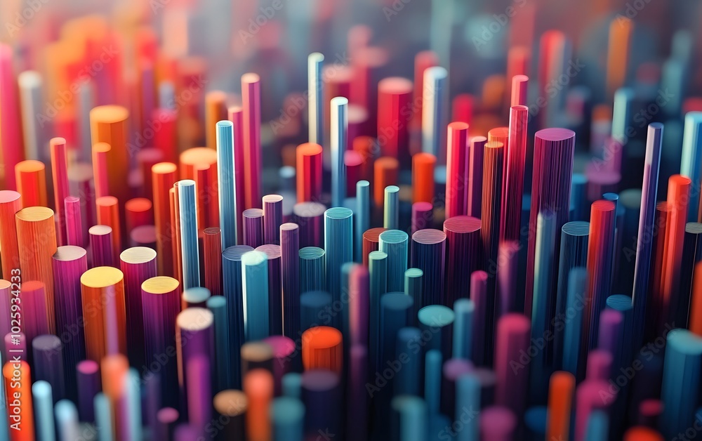 Poster vibrant abstract pattern of colorful cylinders creating a dynamic and eye-catching visual landscape.