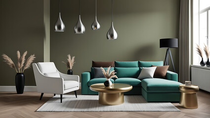Modern luxury interiors designs. Empty painted wall.dark accent furniture and blank background.Bedroom interior trend 2024 year Modern luxury apricot room interior home designs