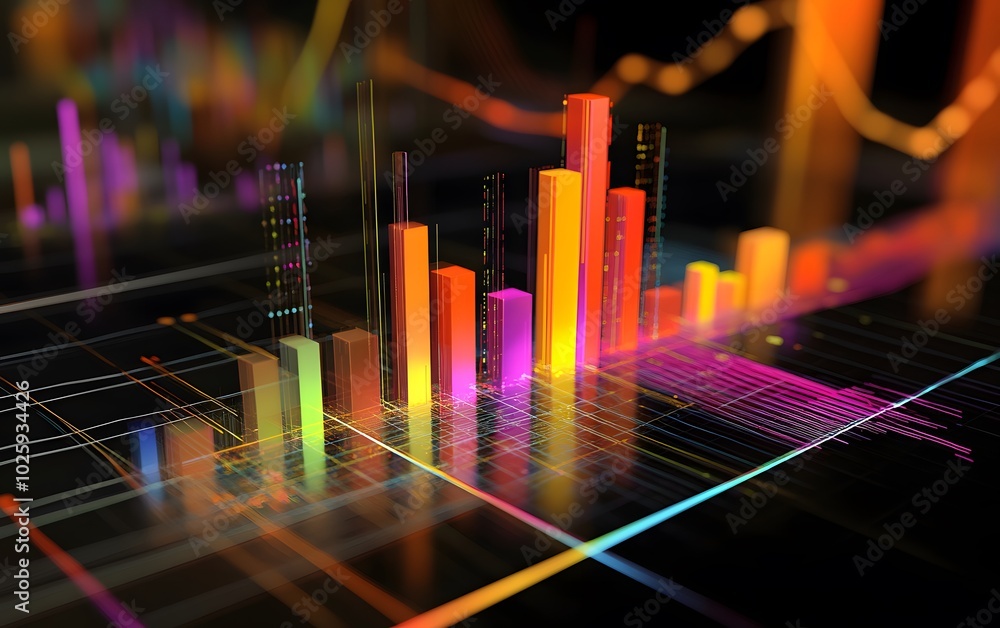 Poster vibrant data visualization showcasing colorful bar graphs and line charts on a dark background, repr