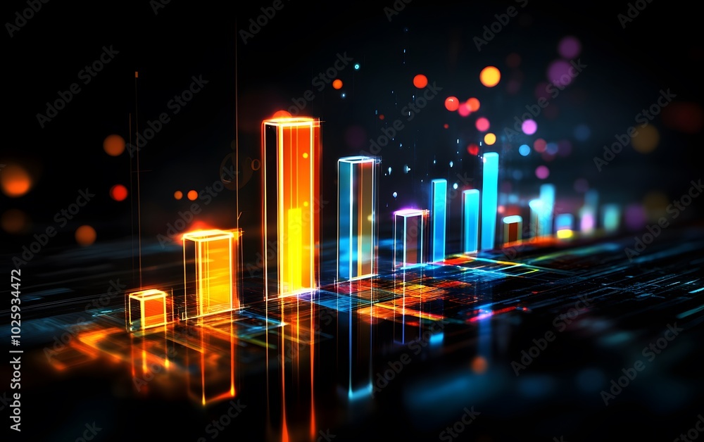 Poster vibrant digital graphs showcasing statistical data in a modern, abstract style with glowing elements
