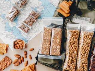 A travel-friendly high-protein snacks for travelers and adventurers layout, featuring portable, durable packaging for protein bars, nuts, and jerky, 