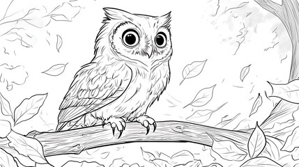 Fototapeta premium A curious owl perched on a low branch with big round eyes, surrounded by scattered leaves, simple forest background with bold lines, low details, no shading,