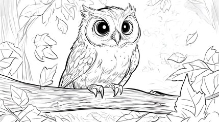 Fototapeta premium A curious owl perched on a low branch with big round eyes, surrounded by scattered leaves, simple forest background with bold lines, low details, no shading,