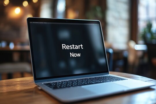 Laptop Displaying Restart Now Message in Cozy Setting Laptop Displaying Restart Now Message in Cozy Setting