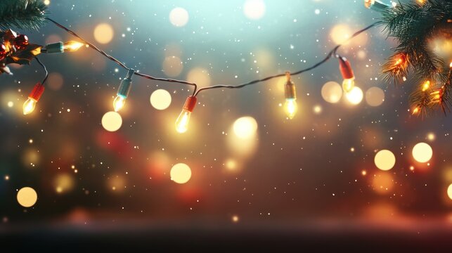 A twinkling Christmas lights background, with strings of colorful lights and a soft glow, creating a magical holiday atmosphere