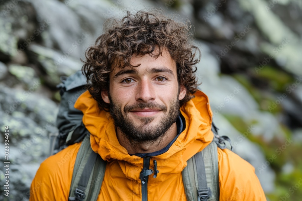 Poster man with a beard and a black jacket is standing in front of a mountain. he is smiling and looking at
