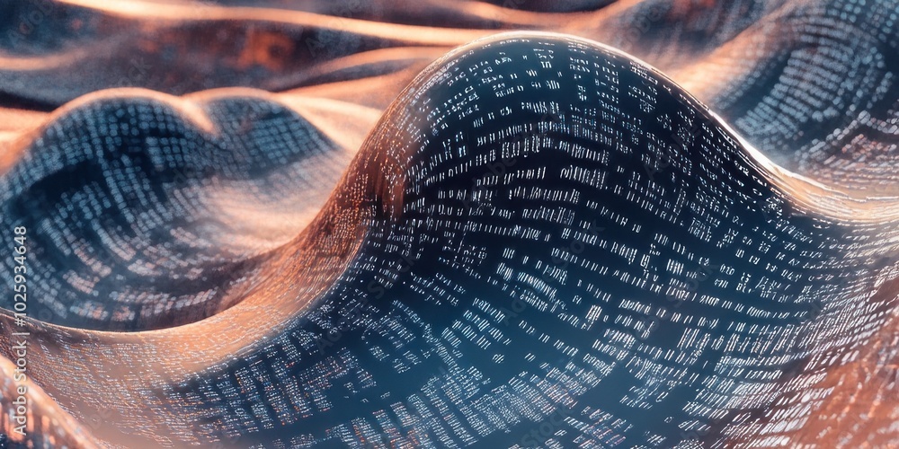 Poster abstract representation of data waves, illustrating digital information flow and connectivity.