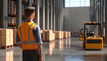 Fototapeta premium Warehouse worker wearing safety vest observes forklift operation in large storage space, ensuring safety and efficiency.