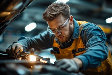 Man in a grey and orange uniform is wearing safety glasses, working on car. Professional Mechanic is Working on car in car service. Repairman in safety glasses is working on an usual car maintenance.