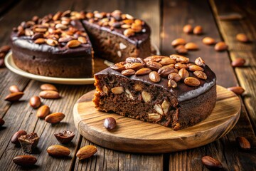 Indulge in this decadent dark chocolate almond cake, beautifully captured on a rustic wooden table. A delicious dessert masterpiece that delights both the eyes and palate.